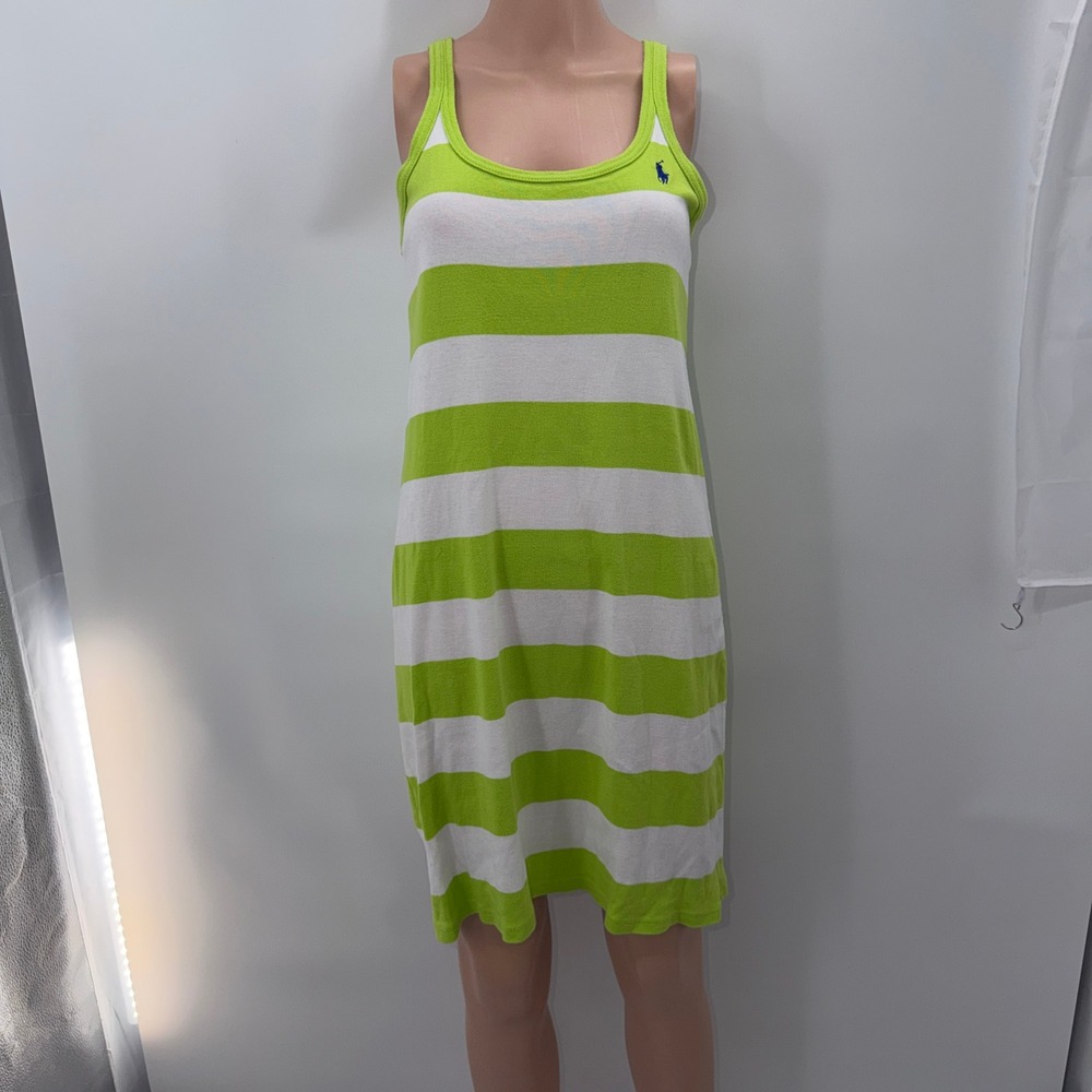 Ralph Lauren Large Lime Green White Striped Preppy Coastal‎ Nautical Tank Dress